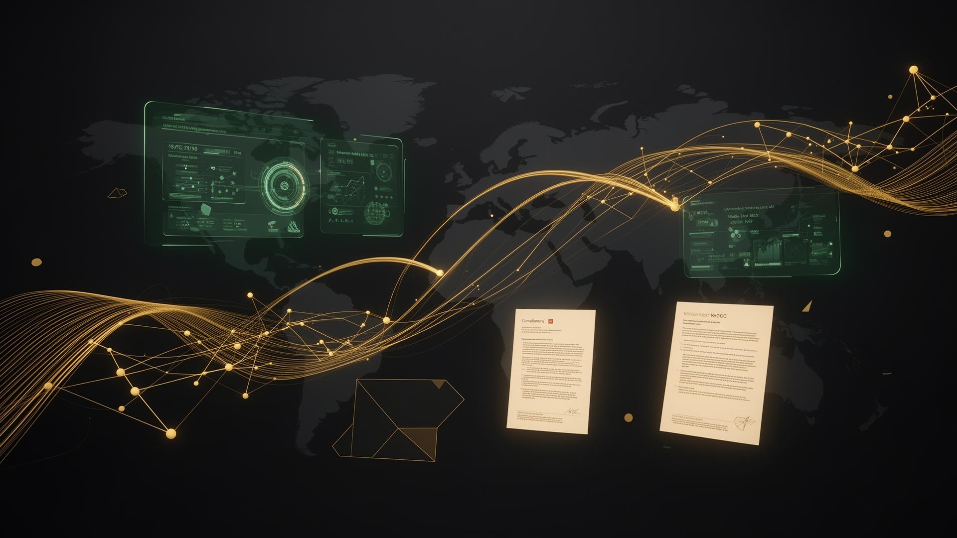 Abstract dark background with golden data flow lines