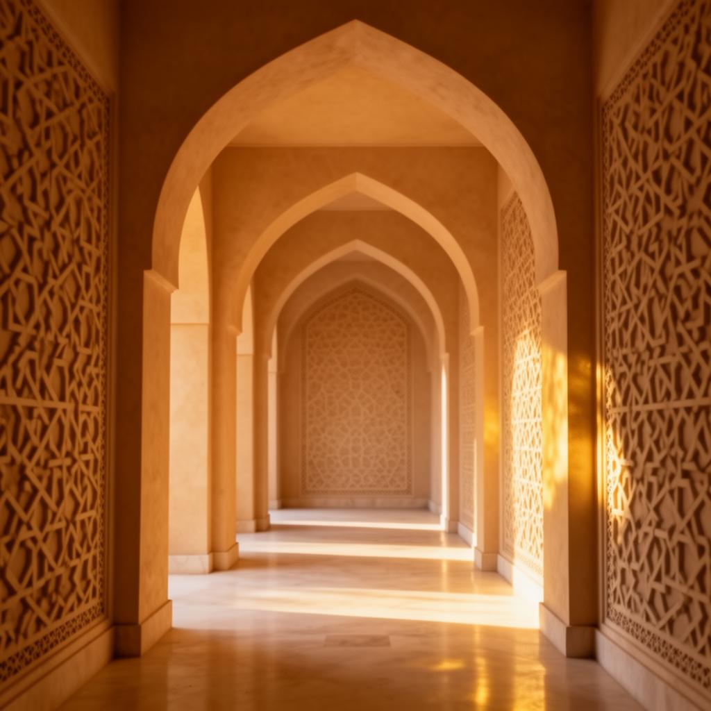 Traditional Middle Eastern arched corridor with warm golden light