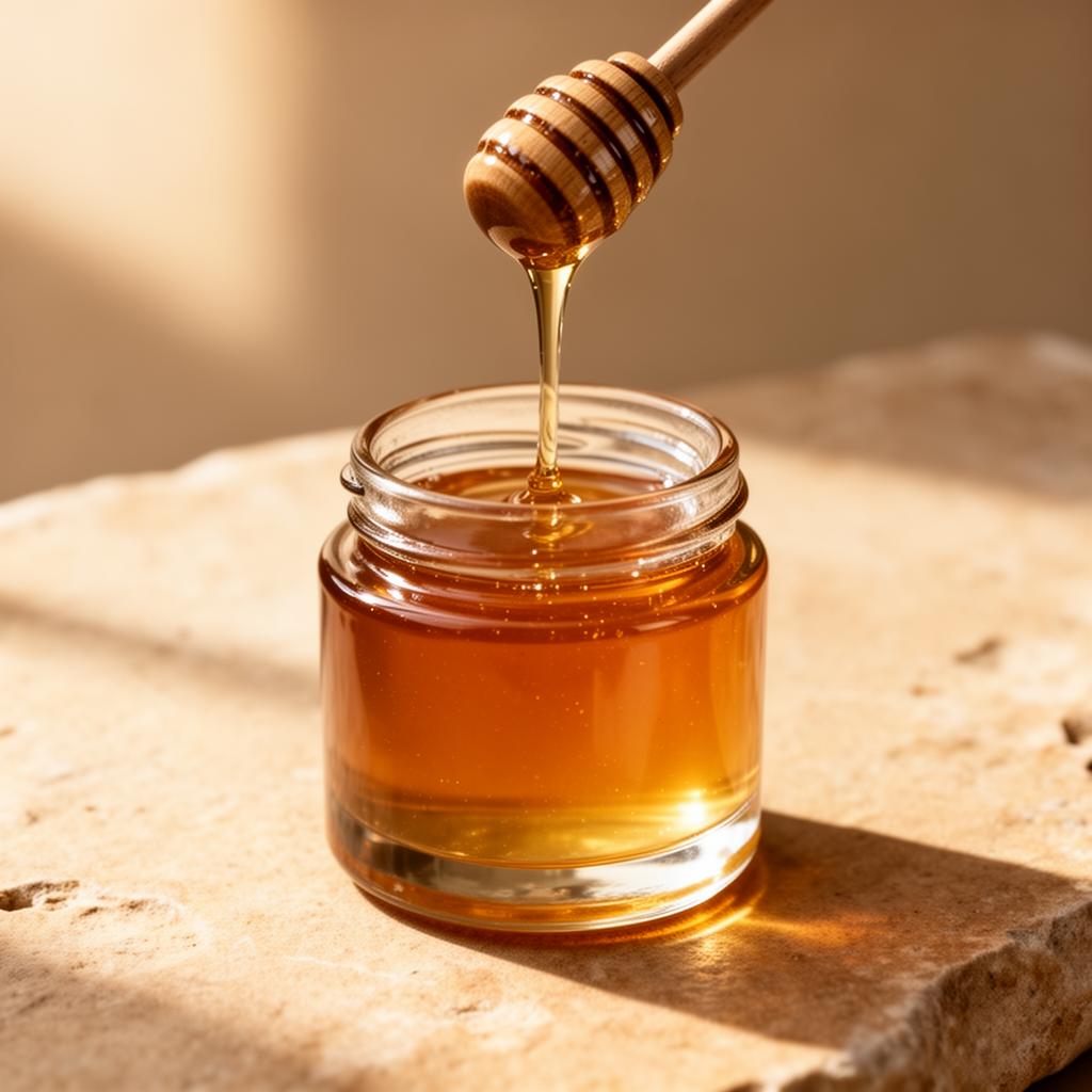 Premium Swiss honey poured into a glass jar — Nectaflor